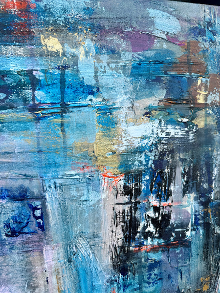 “FIESTA" Original Abstract Mixed Media Painting – Turquoise, Pink and Gold Tones" (48x60in)