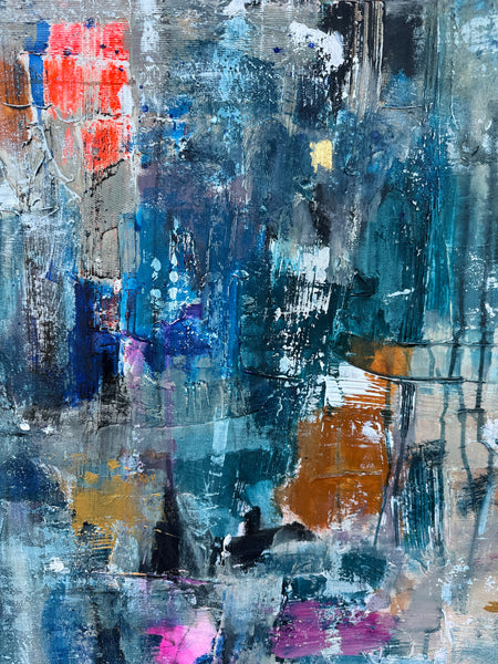 “FIESTA" Original Abstract Mixed Media Painting – Turquoise, Pink and Gold Tones" (48x60in)