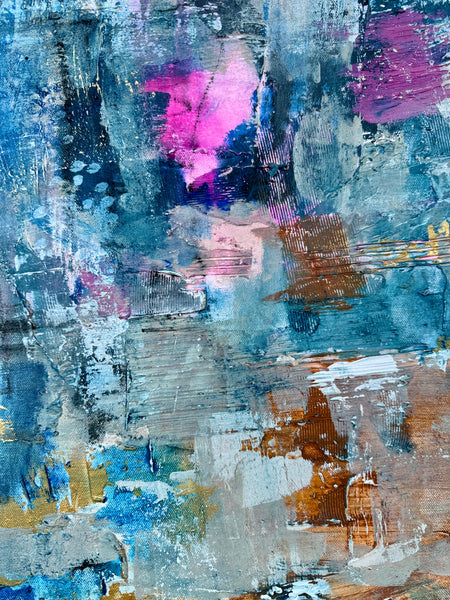 “FIESTA" Original Abstract Mixed Media Painting – Turquoise, Pink and Gold Tones" (48x60in)