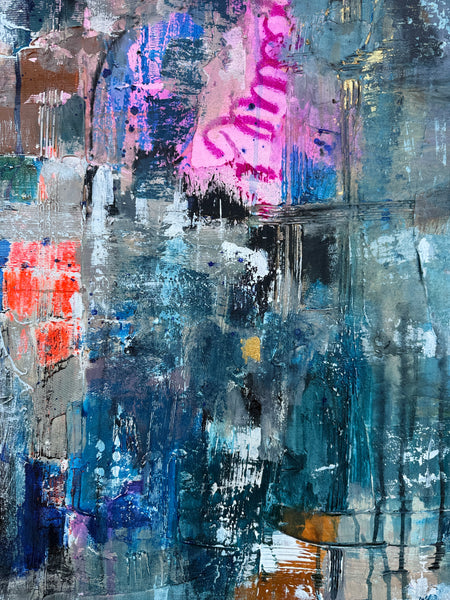 “FIESTA" Original Abstract Mixed Media Painting – Turquoise, Pink and Gold Tones" (48x60in)