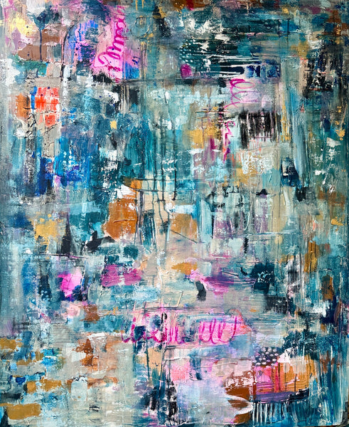 “FIESTA" Original Abstract Mixed Media Painting – Turquoise, Pink and Gold Tones" (48x60in)