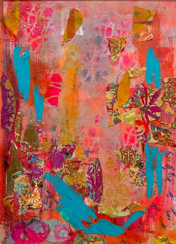 Pink, orange and blue mixed media collage on paper