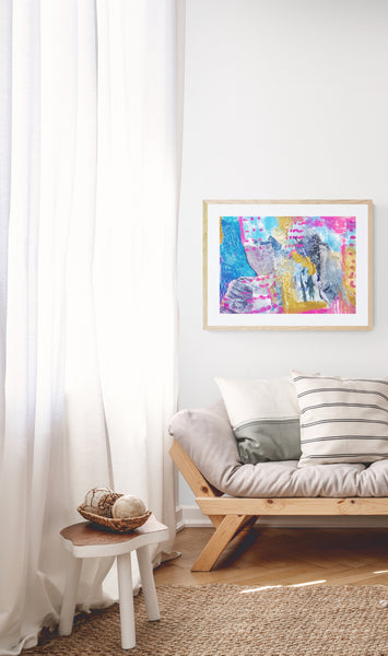 Colorful abstract mixed media collage with splashes of pink and gold. Print is from original painting by 983 studio. Various sizes available. 