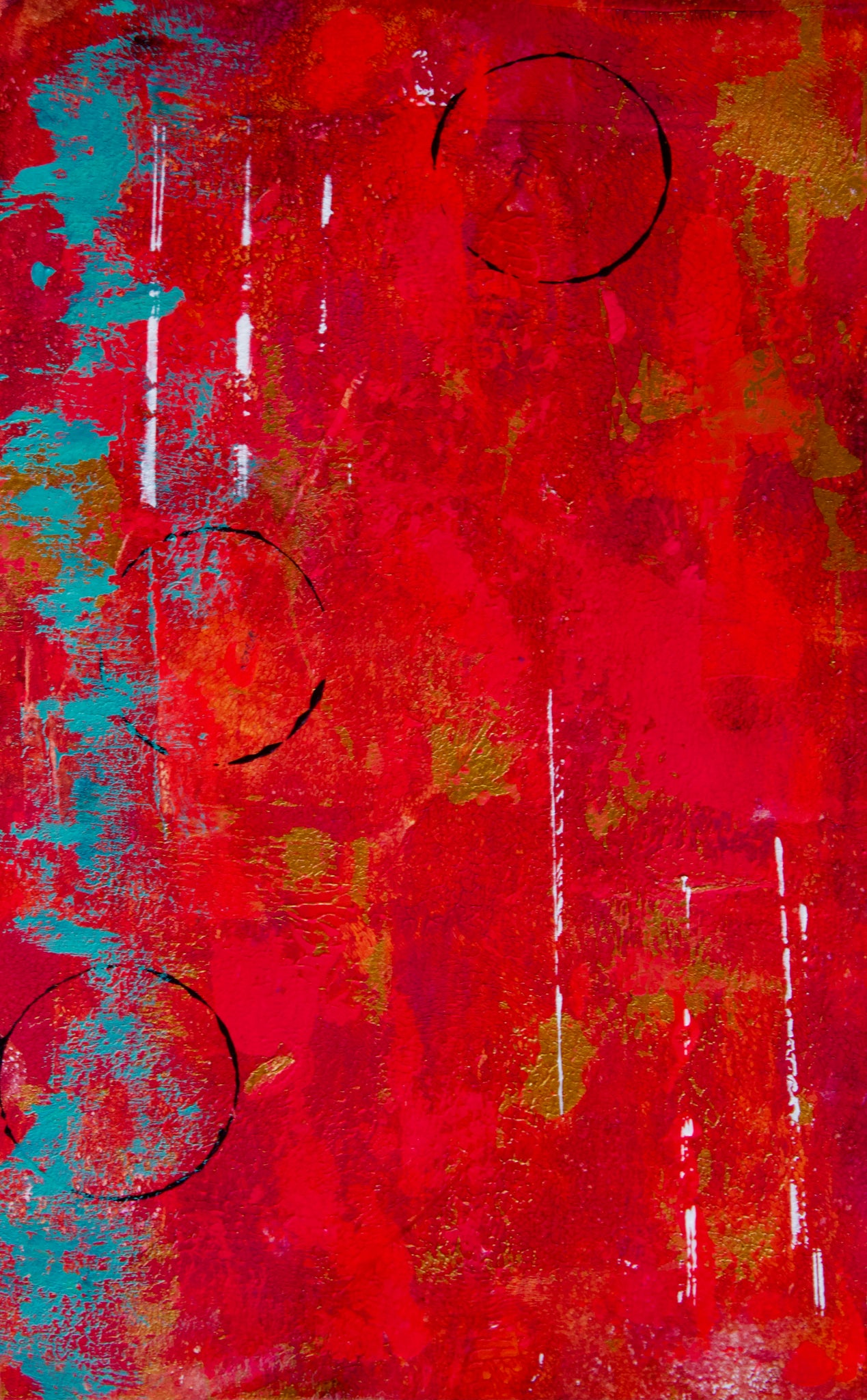 Abstract art print of original mixed media painting on paper. A mix of vibrant colors including red, teal, black and orange are sure to brighten up any space! 