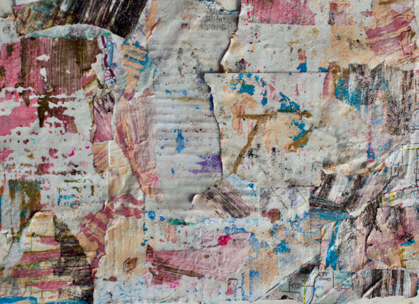 Mixed media abstract collage with muted colors. Size 5.5x8.5in.