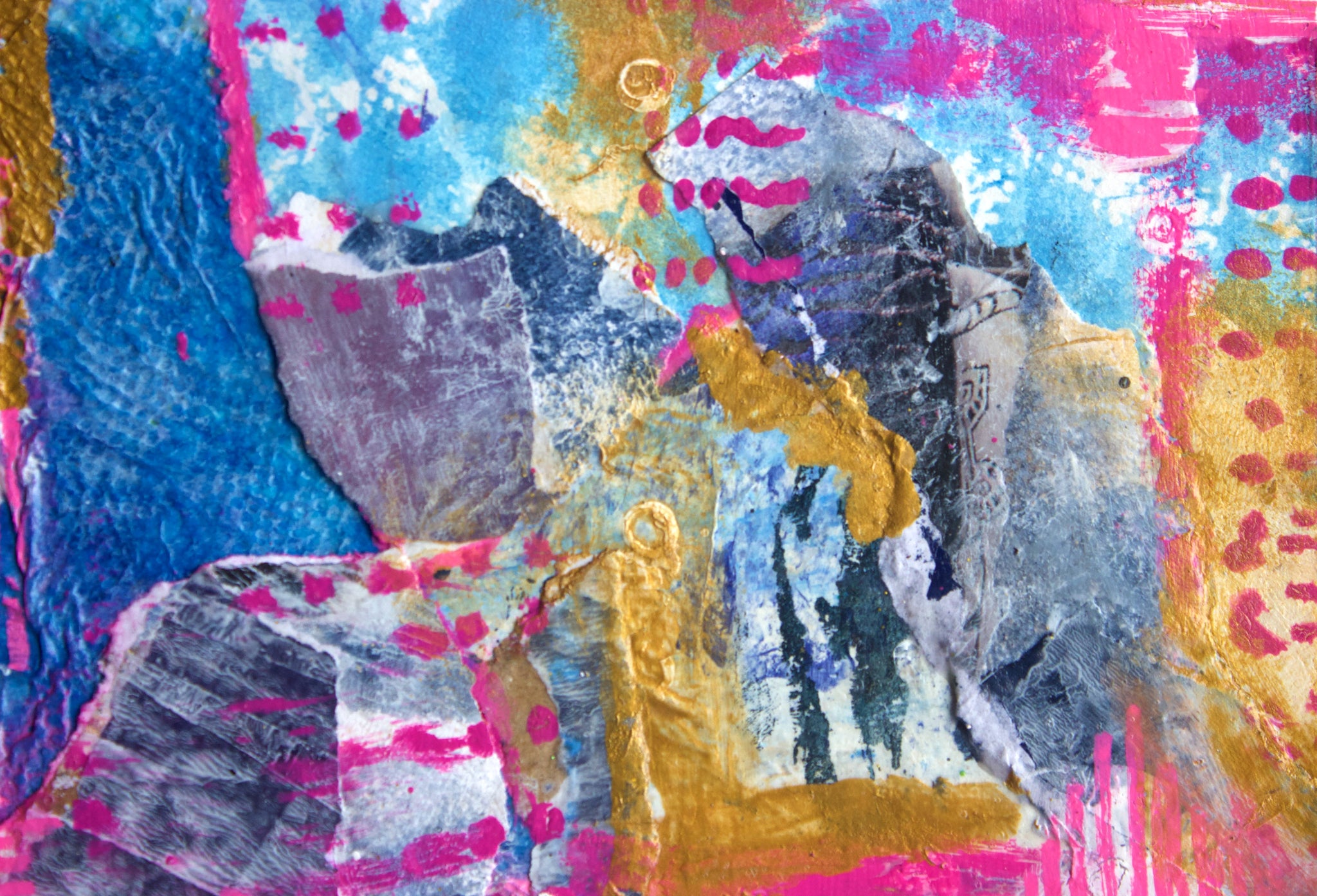 Colorful abstract mixed media collage with splashes of pink and gold. Print is from original painting by 983 studio. Various sizes available. 